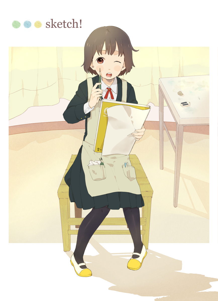 mosuko, tombow mono, bad id, bad pixiv id, highres, 1girl, brown eyes, brown hair, eraser, female focus, pantyhose, school uniform, solo