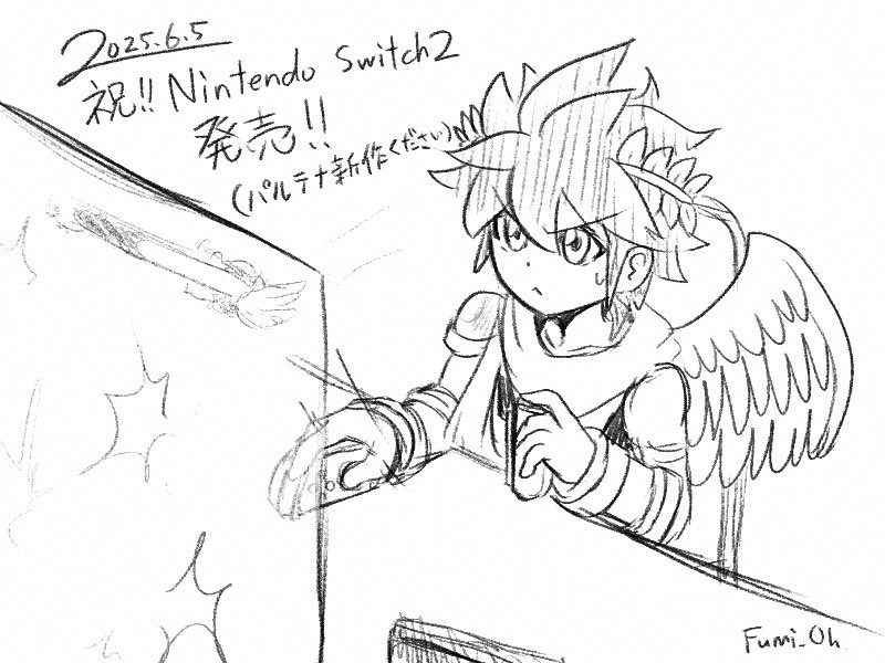fumio (fumifumi), pit (kid icarus), kid icarus, kid icarus uprising, nintendo, translation request, 1boy, angel, angel wings, dated, joy-con 2, laurel crown, male focus, nintendo switch 2, playing games, signature, sketch, solo, wings