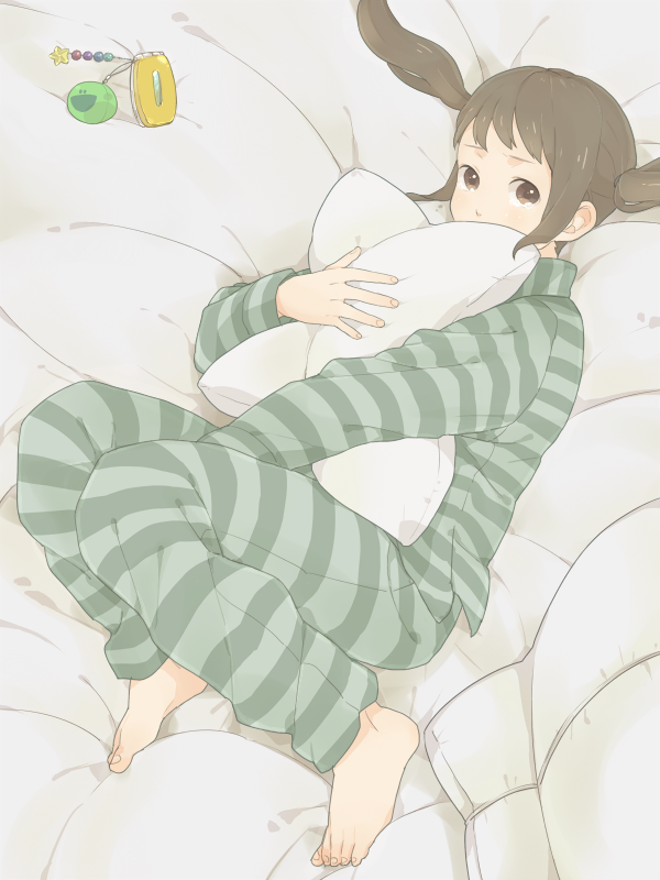 mosuko, bad id, bad pixiv id, barefoot, brown eyes, brown hair, cellphone, feet, hugging object, pajamas, phone, pillow, pillow hug, solo, twintails
