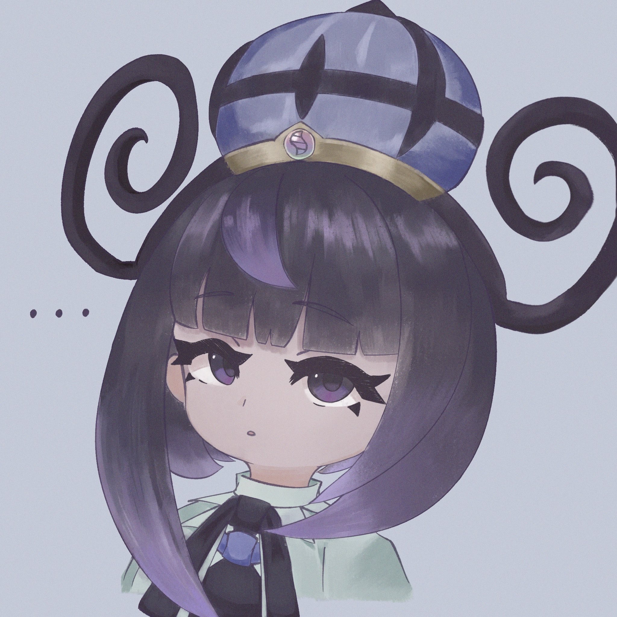 gwynn (pokemon), nintendo, pokemon, pokemon legends: z-a, highres, …, 1girl, banacha877, black hair, blunt bangs, bob cut, coat, eyelashes, gradient hair, hat, looking at viewer, mega stone, multicolored hair, parted lips, purple background, purple eyes, purple hair, purple hat, short hair, solo, upper body, white coat