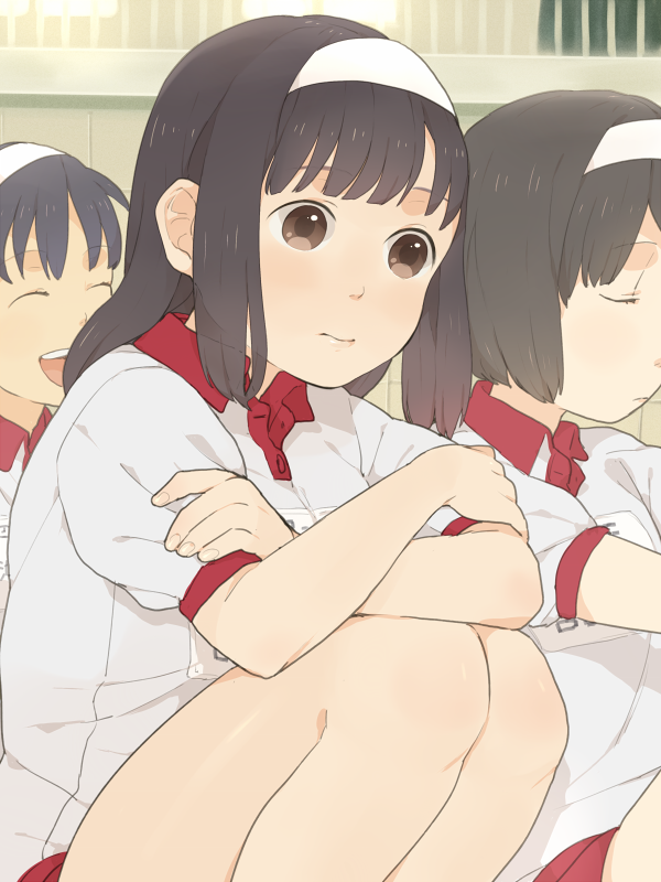 mosuko, original, bad id, bad pixiv id, 3girls, blunt bangs, brown eyes, brown hair, crossed arms, fingernails, gym uniform, headband, multiple girls, sidelocks