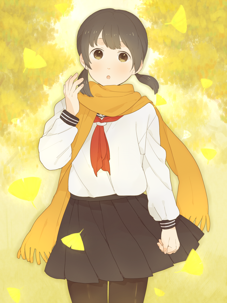 mosuko, bad id, 1girl, brown eyes, brown hair, female focus, orange scarf, pantyhose, scarf, school uniform, solo