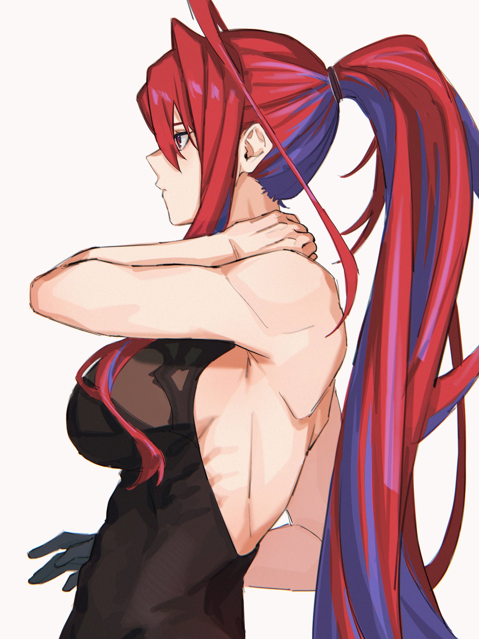 yuutomeh, elizabeth rose bloodflame, hololive, hololive english, highres, 1girl, ahoge, bare shoulders, blue hair, breasts, colored inner hair, from side, huge ahoge, large breasts, long hair, multicolored hair, red eyes, red hair, sideboob, solo, toned, two-tone hair, very long hair, virtual youtuber