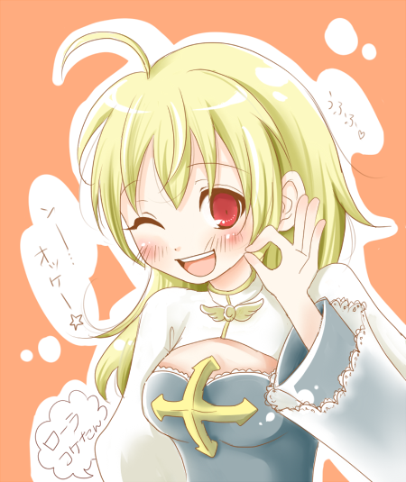 arch bishop (ragnarok online), ragnarok online, commentary request, translation request, 1girl, ahoge, blonde hair, blue dress, blush, breasts, cleavage cutout, clothing cutout, comame, cross, dress, long hair, looking at viewer, medium breasts, ok sign, one eye closed, open mouth, orange background, red eyes, smile, solo, two-tone dress, upper body, white dress