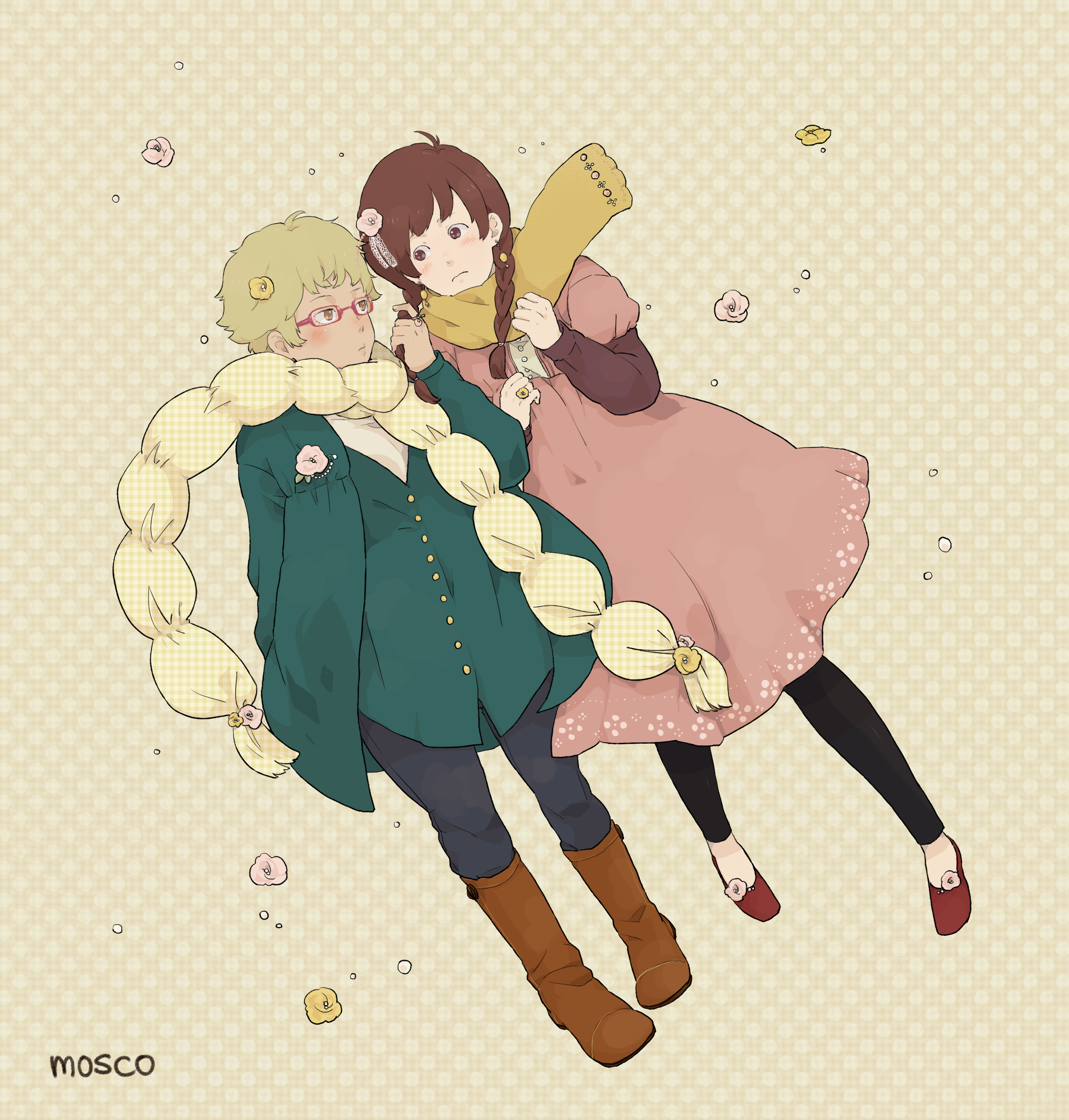 mosuko, bad id, bad pixiv id, highres, black leggings, boots, braid, brown hair, glasses, leggings, scarf