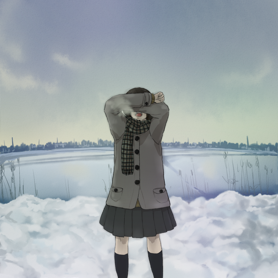 mosuko, bad id, bad pixiv id, 1girl, crying, female focus, jacket, scarf, skirt, snow, solo, tears