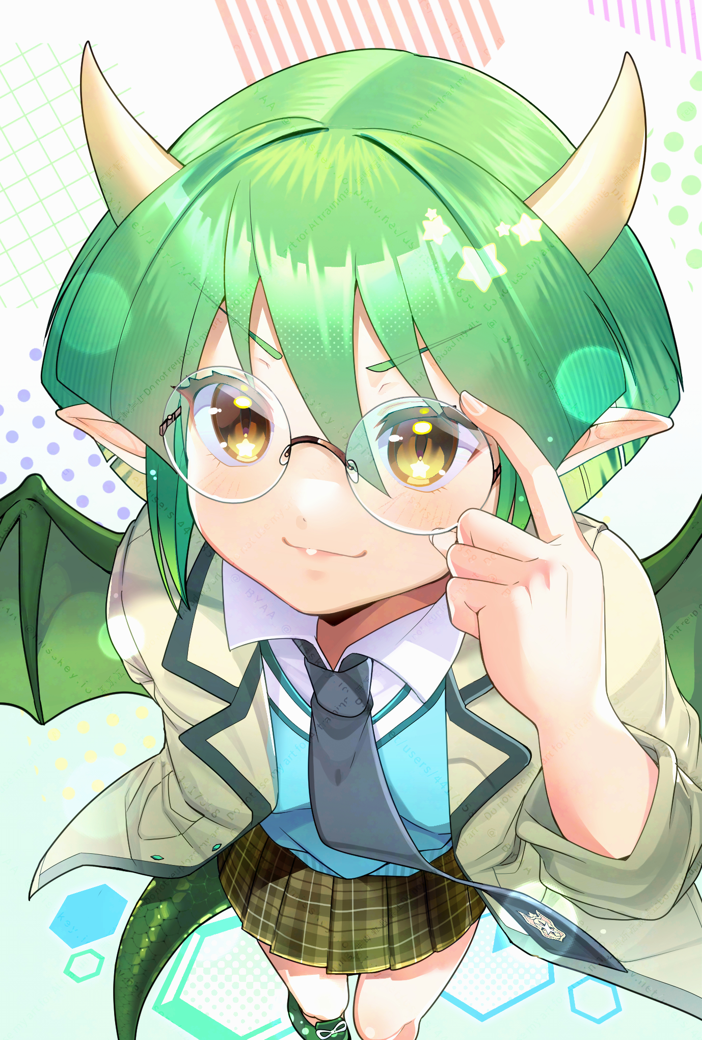 matsumoto-san, draco centauros, puyopuyo, puyopuyo quest, commentary request, highres, 1girl, abstract background, adjusting eyewear, bespectacled, black necktie, blue sweater vest, blush, brown skirt, coat, draco centauros (allstar academy), dragon girl, dragon horns, dragon tail, dragon wings, glasses, green hair, green tail, green wings, hair between eyes, hexagon, horns, looking at viewer, looking up, necktie, open clothes, open coat, plaid clothes, plaid skirt, pleated skirt, pointy ears, round eyewear, school emblem, short hair, sidelocks, skirt, smile, solo, star (symbol), star in eye, sweater vest, symbol in eye, tail, wings