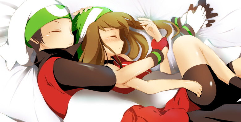 cimeri, brendan (pokemon), may (pokemon), nintendo, pokemon, pokemon adventures, 1boy, 1girl, alternate costume, bandana, bike shorts, black hair, blush, brown hair, closed eyes, couple, cuddling, hat, hetero, holding hands, hug, hug from behind, sleeping