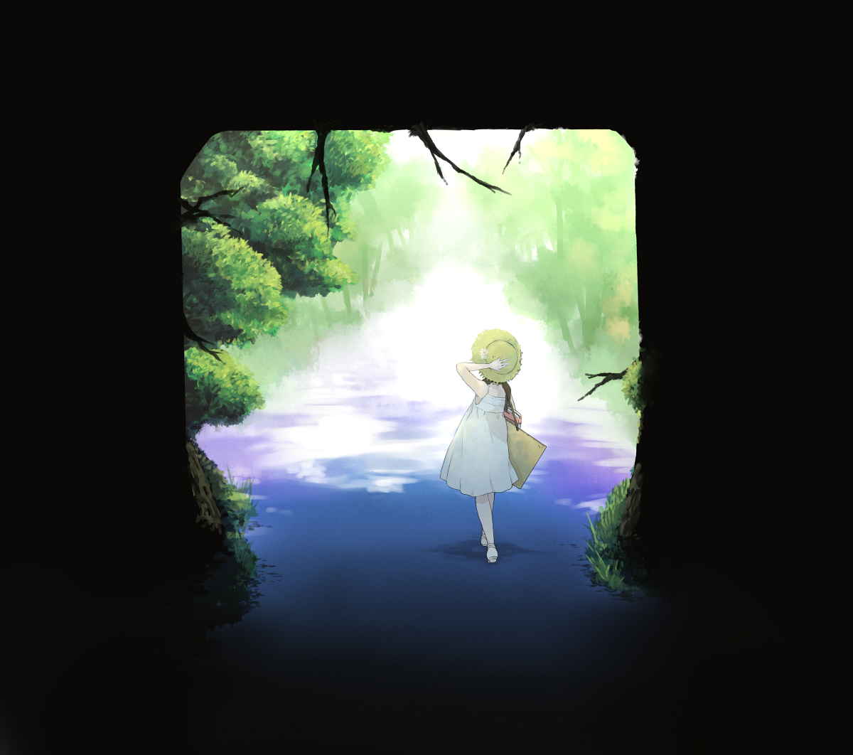 mosuko, original, bad id, bad pixiv id, 1girl, brown hair, dark, dress, female focus, folder, from behind, hand on headwear, hat, scenery, solo, sundress, tree, water