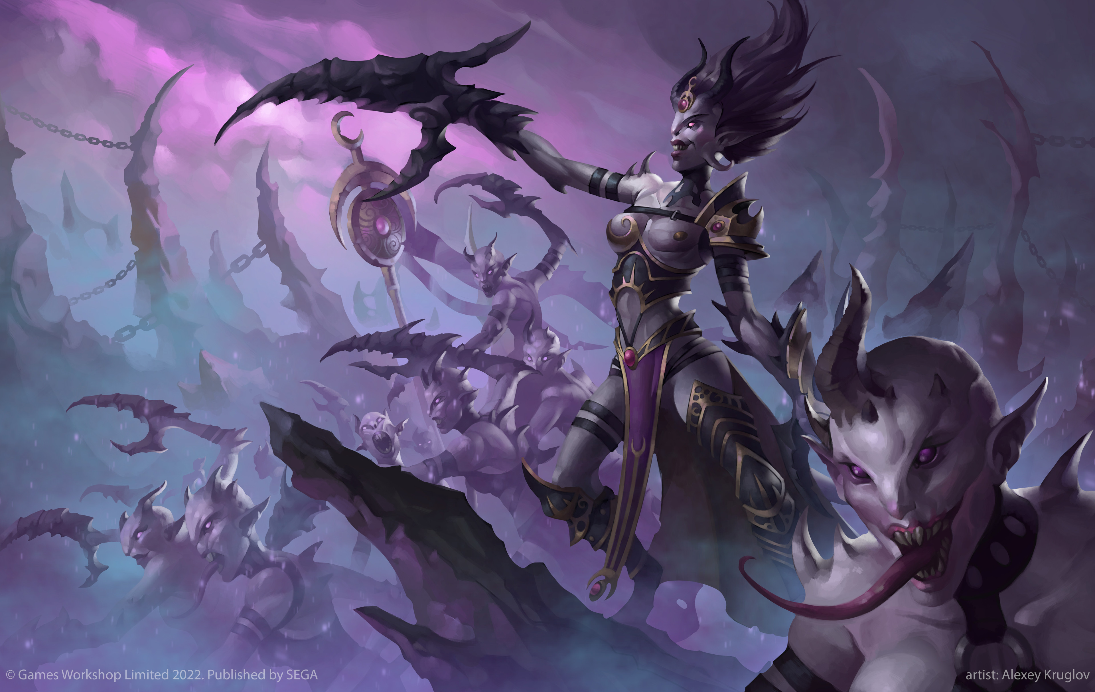 alexeykruglov, daemonette, total war, total war: warhammer, warhammer fantasy, absurdres, highres, official art, artist name, chain, chaos (warhammer), claws, colored tongue, demon, monster, monster focus, monster girl, no humans, open mouth, purple tongue