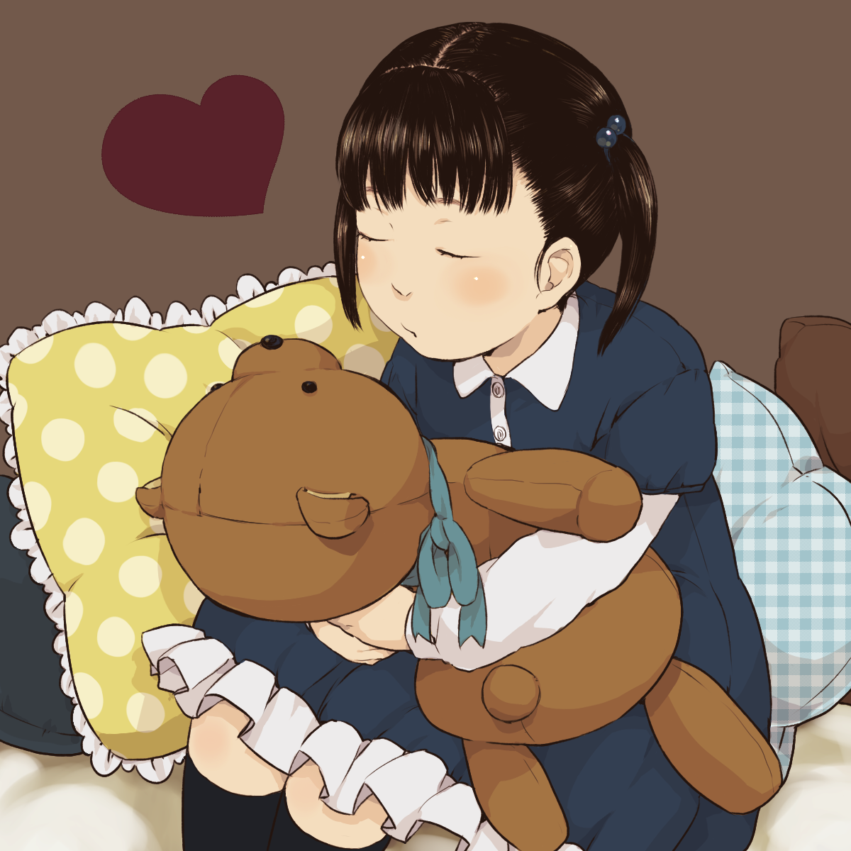 mosuko, original, bad id, bad pixiv id, highres, 1girl, black hair, blunt bangs, female focus, frilled pillow, frills, hair bobbles, hair ornament, hugging doll, hugging object, imminent kiss, pillow, solo, stuffed animal, stuffed toy, teddy bear, twintails