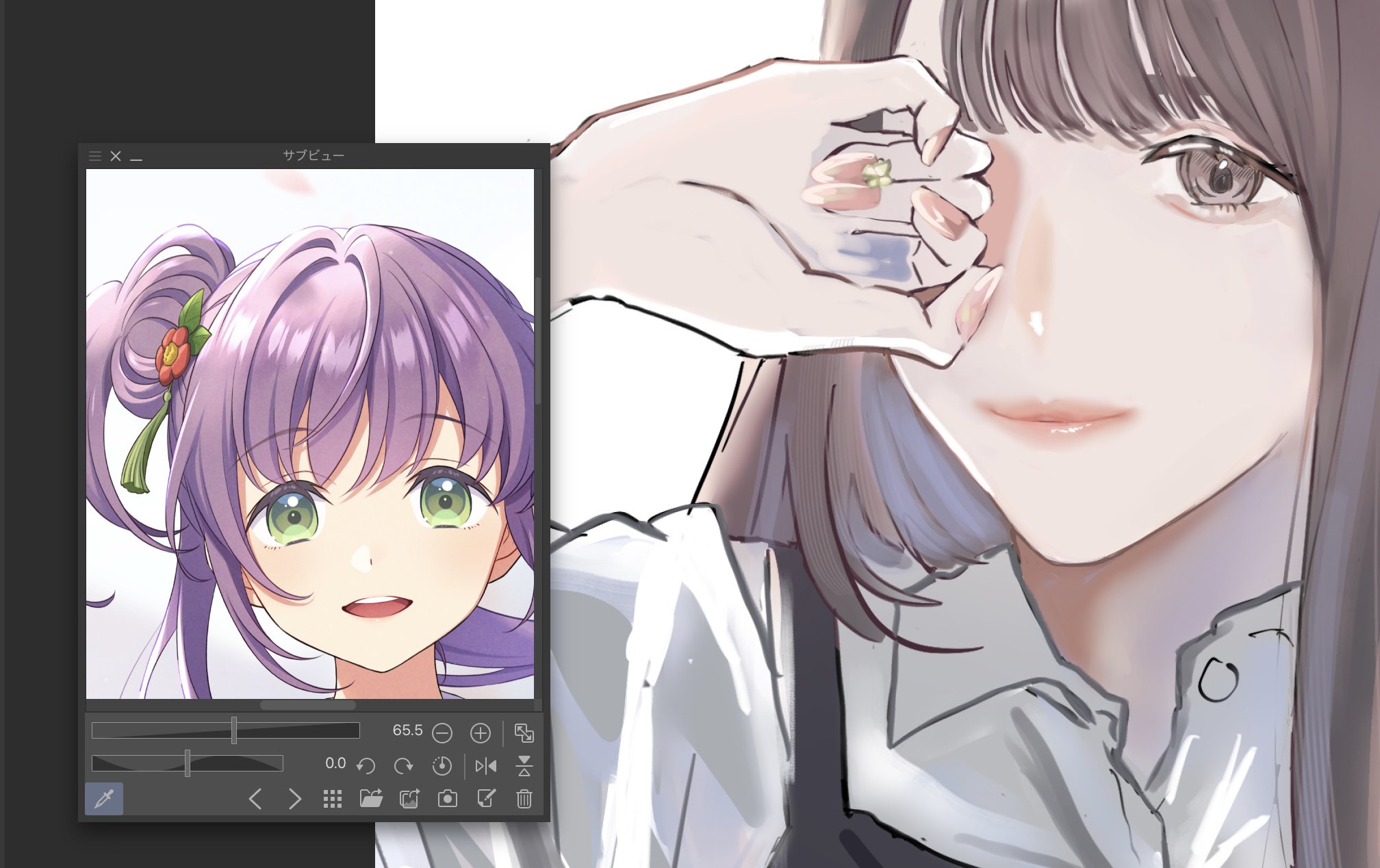 zuisetsu, hanamiya nina, otomune kozue, link! like! love live!, love live!, real life, commentary request, highres, unfinished, 2girls, animification, apron, art program in frame, black apron, brown eyes, brown hair, closed mouth, collared shirt, long hair, looking at viewer, multiple girls, official art inset, open collar, shirt, simple background, smile, voice actor, white background, white shirt