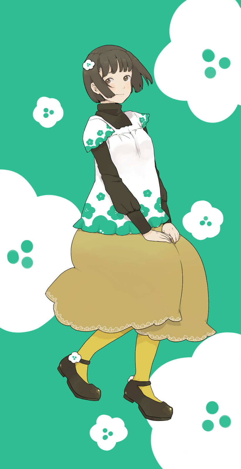 mosuko, bad id, bad pixiv id, highres, 1girl, black hair, brown eyes, fashion, female focus, flower, layered sleeves, long sleeves, short over long sleeves, short sleeves, skirt, solo