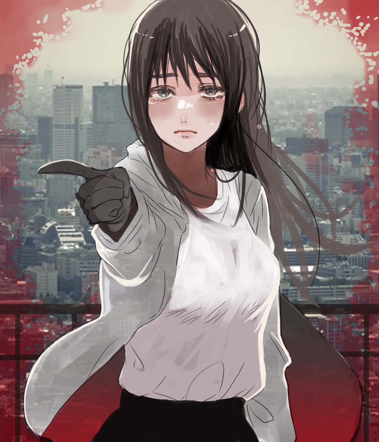 nanousagi, mitaka asa, chainsaw man, highres, 1girl, black gloves, black hair, black pants, city, closed mouth, day, frown, gloves, grey eyes, grey jacket, jacket, long hair, outdoors, outstretched arm, pants, photo background, pointing, railing, shirt, shirt tucked in, solo, tearing up, white shirt