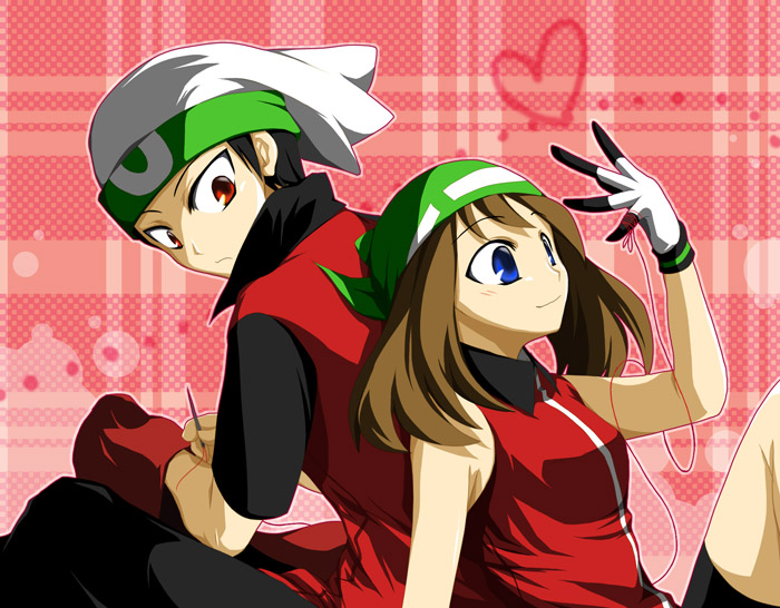 cimeri, brendan (pokemon), may (pokemon), nintendo, pokemon, pokemon adventures, pokemon rse, 00s, 1boy, 1girl, couple, sewing, string, string of fate