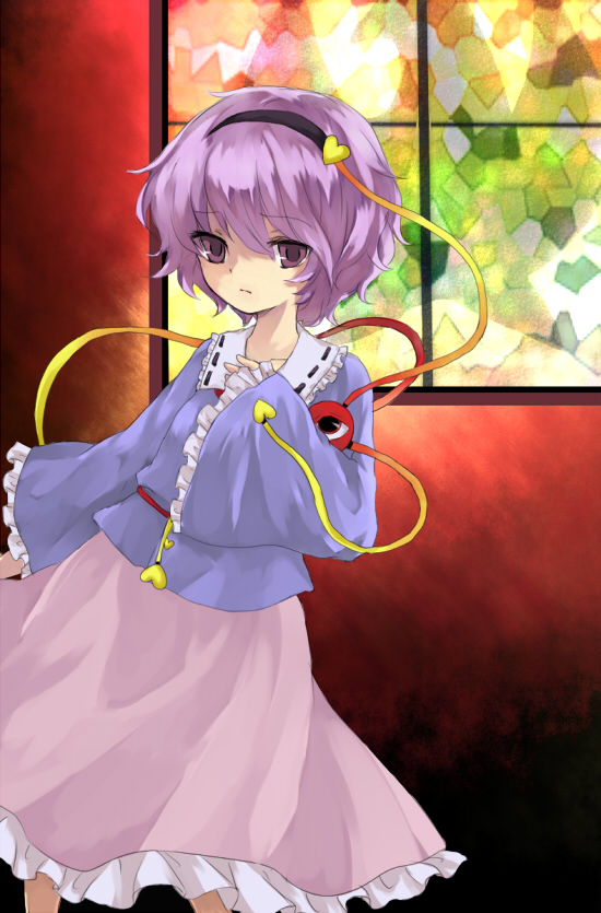 sakaki chihiro, komeiji satori, touhou, bad id, bad pixiv id, 1girl, female focus, hairband, heart, indoors, purple eyes, purple hair, solo, stained glass, standing