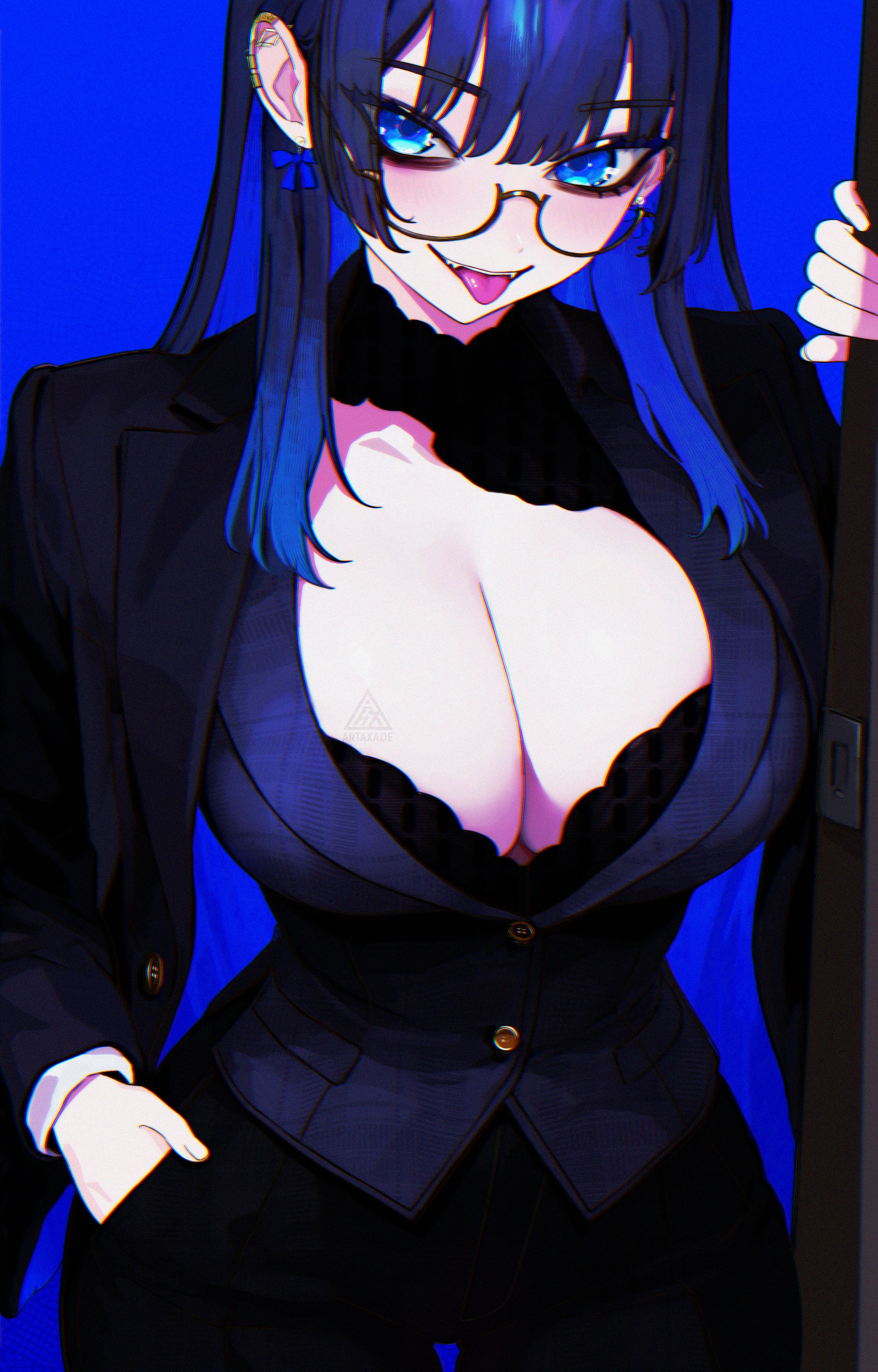 hamaxade, ouro kronii, hololive, hololive english, absurdres, commentary, english commentary, highres, 1girl, alternate costume, black jacket, black pants, blue background, blue eyes, blue hair, breasts, cleavage, glasses, hand in pocket, huge breasts, jacket, long hair, looking at viewer, pants, semi-rimless eyewear, solo, tongue, tongue out, virtual youtuber