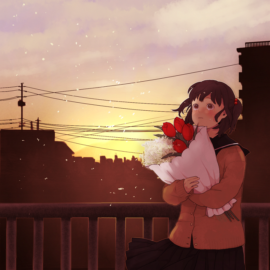 mosuko, bouquet, brown hair, cardigan, cowboy shot, flower, frown, school uniform, serafuku, solo, sunset, tears, two side up