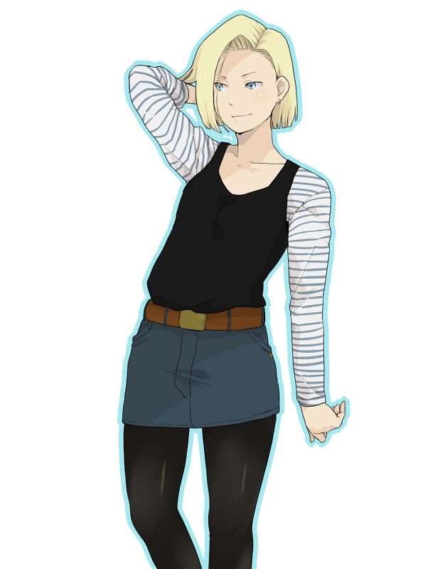 mosuko, android 18, dragon ball, dragonball z, bad id, bad pixiv id, 1girl, black pantyhose, blonde hair, blue eyes, denim, denim skirt, female focus, leggings, pantyhose, pencil skirt, skirt, solo