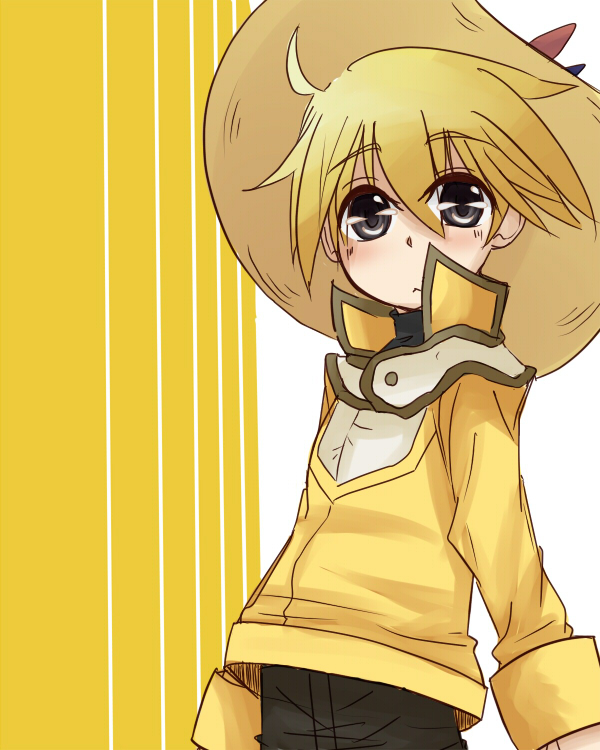 yellow (pokemon), nintendo, pokemon, pokemon adventures, yu-gi-oh!, yu-gi-oh! gx, 1girl, androgynous, duel academy uniform (yu-gi-oh! gx), female focus, hat, reverse trap, solo, straw hat, yellow theme