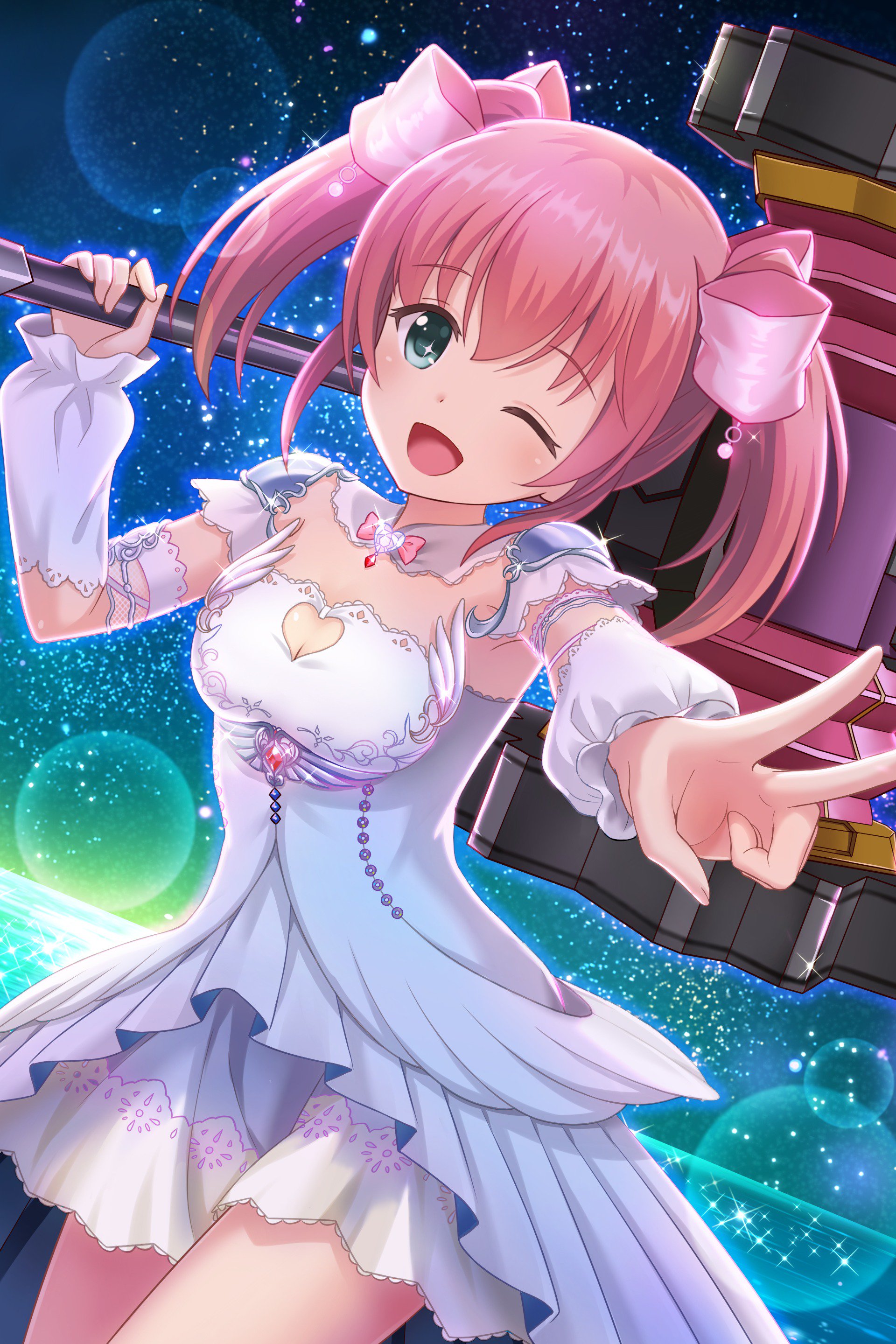mano sakurako, alternative girls, absurdres, commentary request, highres, official art, second-party source, 1girl, ;d, bow, breasts, cleavage, cleavage cutout, clothing cutout, detached collar, detached sleeves, dot nose, dutch angle, gem, green eyes, hair bow, hammer, heart cutout, holding, holding hammer, holding weapon, horizon, lens flare, medium hair, night, night sky, one eye closed, open mouth, outdoors, over shoulder, pink bow, pink hair, red gemstone, sky, small breasts, smile, solo, sparkle, star (sky), starry sky, twintails, v, water, weapon, weapon over shoulder, white sleeves