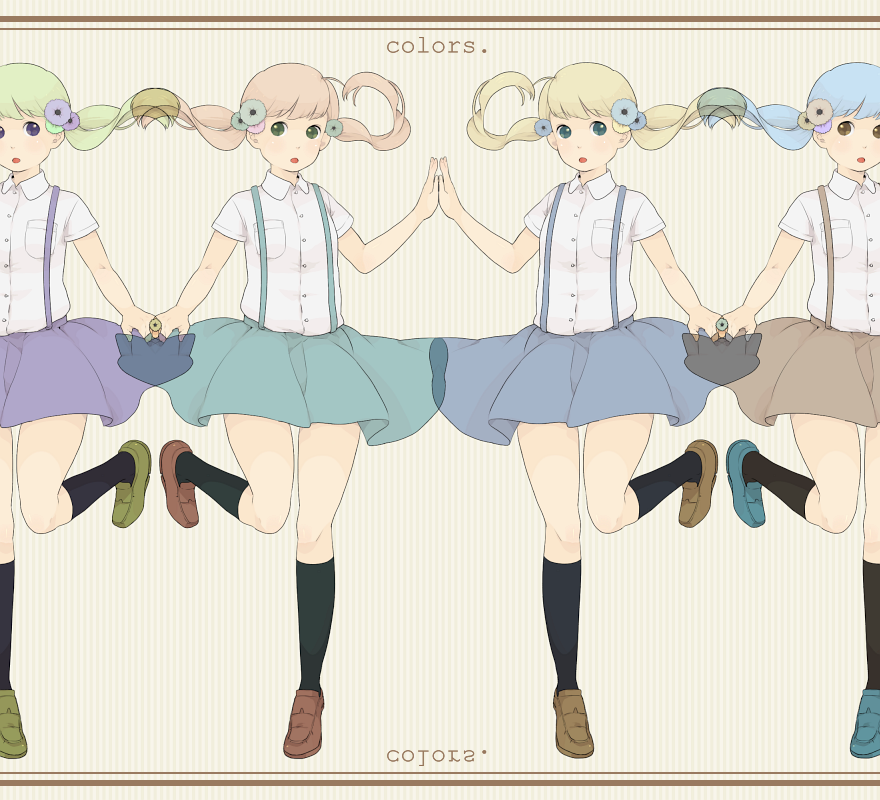 mosuko, original, bad id, bad pixiv id, 4girls, black socks, blonde hair, blue eyes, blue hair, brown eyes, flower, green eyes, hair flower, hair ornament, holding hands, kneehighs, loafers, multiple girls, orange hair, shoes, socks, standing, standing on one leg, suspenders, symmetrical hand pose, symmetry, twintails