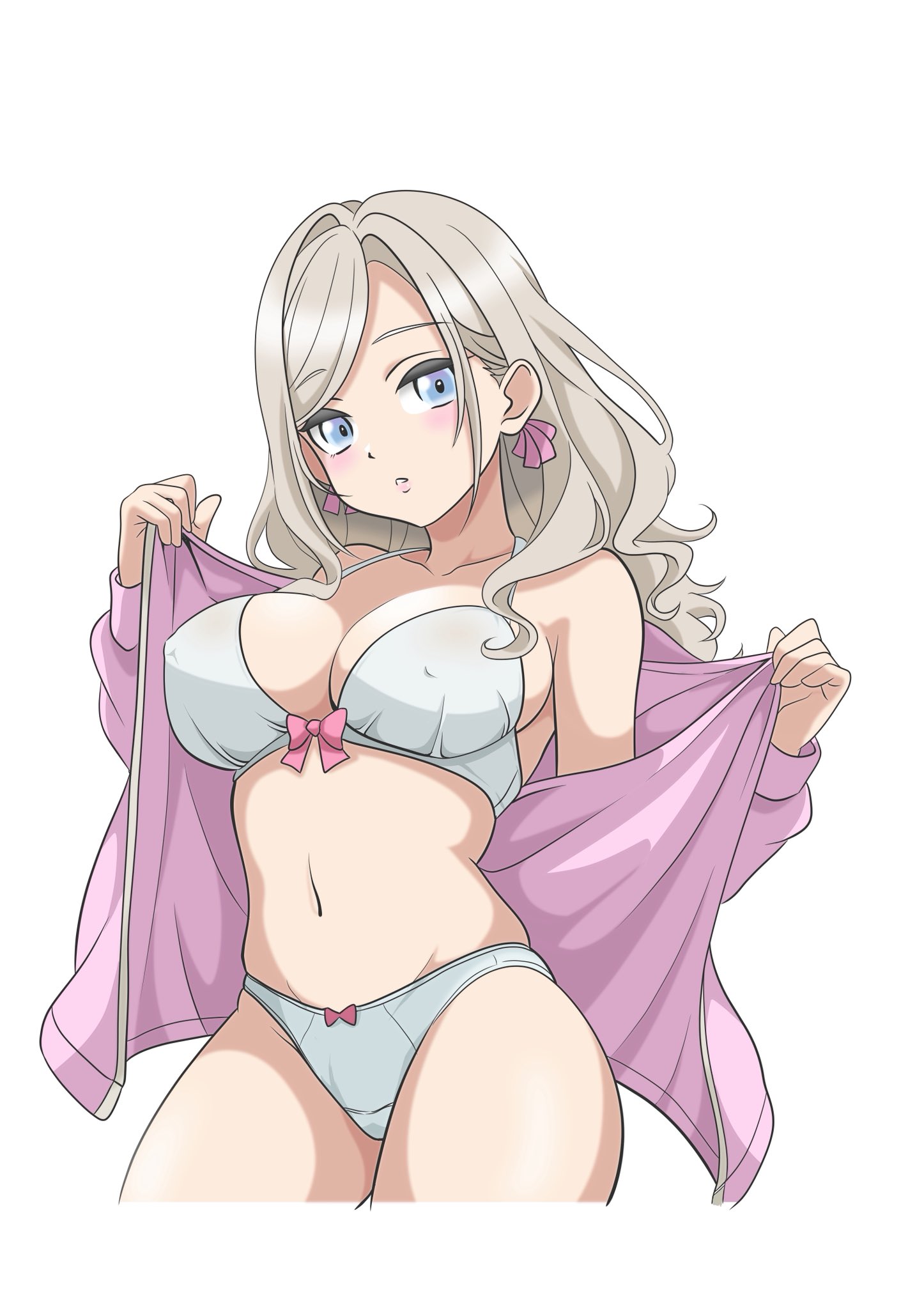 love love comedy, ceras yanagida lilienfeld, link! like! love live!, love live!, commentary, hashtag-only commentary, highres, 1girl, bare shoulders, blue eyes, bow, bow bra, bow panties, bra, breasts, cleavage, collarbone, covered erect nipples, cowboy shot, cropped legs, grey hair, hair ribbon, jacket, large breasts, long hair, long sleeves, looking at viewer, navel, open clothes, open jacket, panties, pink bow, pink jacket, pink ribbon, ribbon, simple background, solo, stomach, underwear, virtual youtuber, wavy hair, white background, white bra, white panties