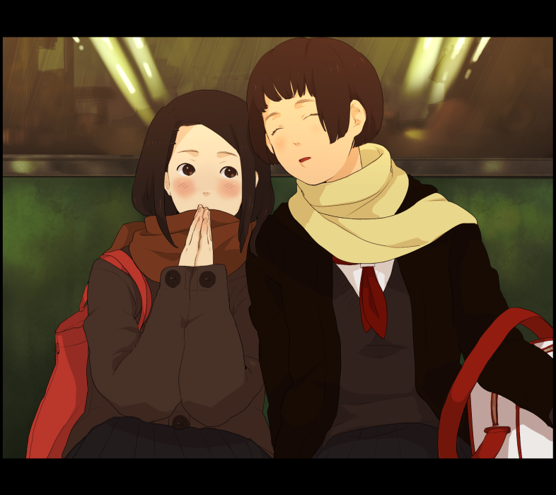 mosuko, bad id, bad pixiv id, tagme, 2girls, blush, brown hair, multiple girls, scarf