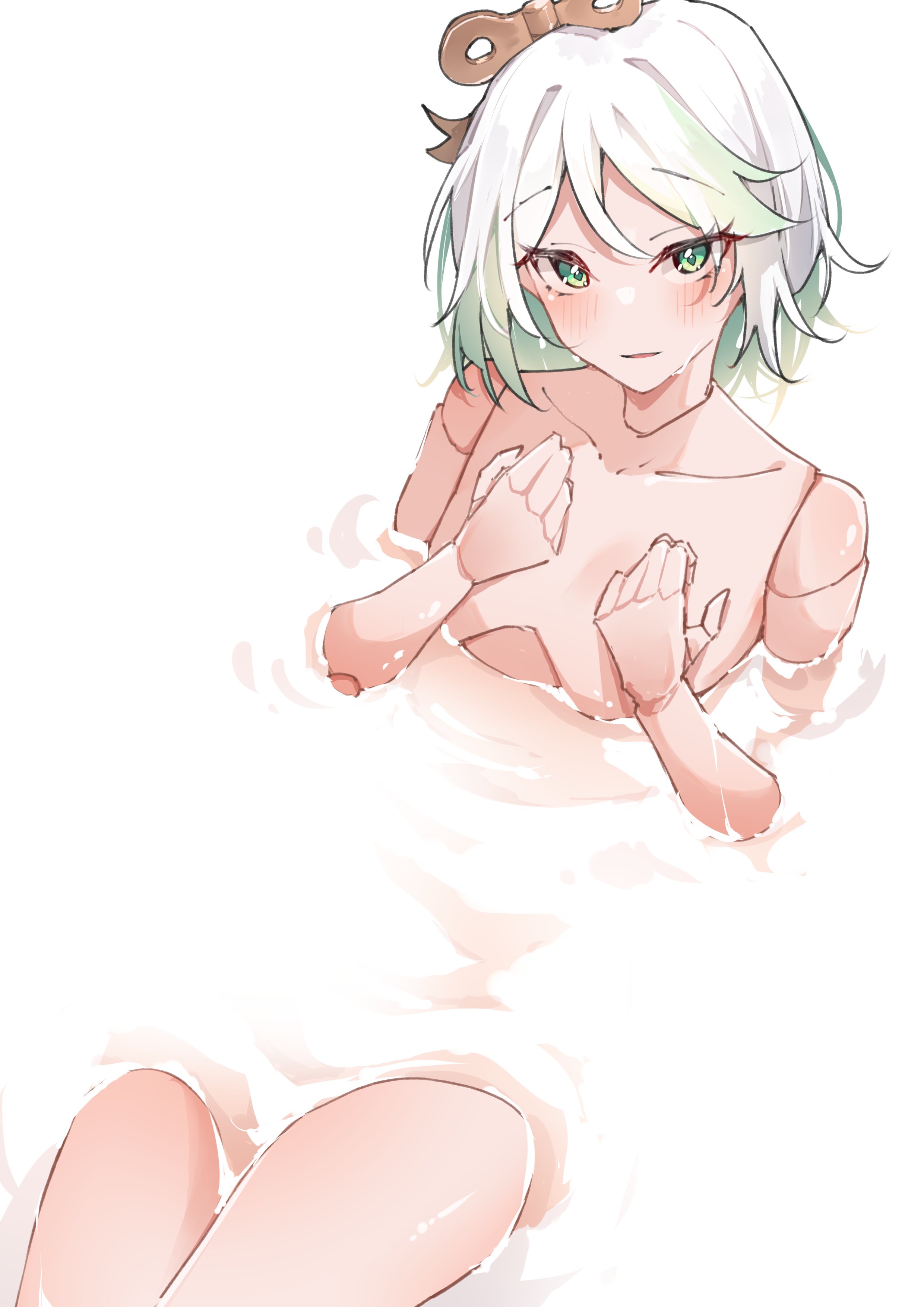 airenif, cecilia immergreen, hololive, hololive english, absurdres, highres, 1girl, bathing, colored inner hair, covering breasts, covering privates, doll joints, green eyes, green hair, joints, looking at viewer, medium hair, multicolored hair, partially submerged, solo, virtual youtuber, wet, white background, white hair, winding key