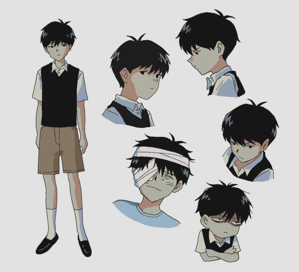 sapgoon, sunny (omori), omori, spoilers, 1990s (style), 1boy, antenna hair, artist name, bandaged head, bandages, black eyes, black hair, black shoes, black sweater vest, brown shorts, closed eyes, closed mouth, collared shirt, crossed arms, eyepatch, frown, grey background, hospital gown, looking at viewer, male focus, medical eyepatch, retro artstyle, shirt, shoes, short hair, short sleeves, shorts, simple background, socks, solo, sweater vest, white shirt, white socks