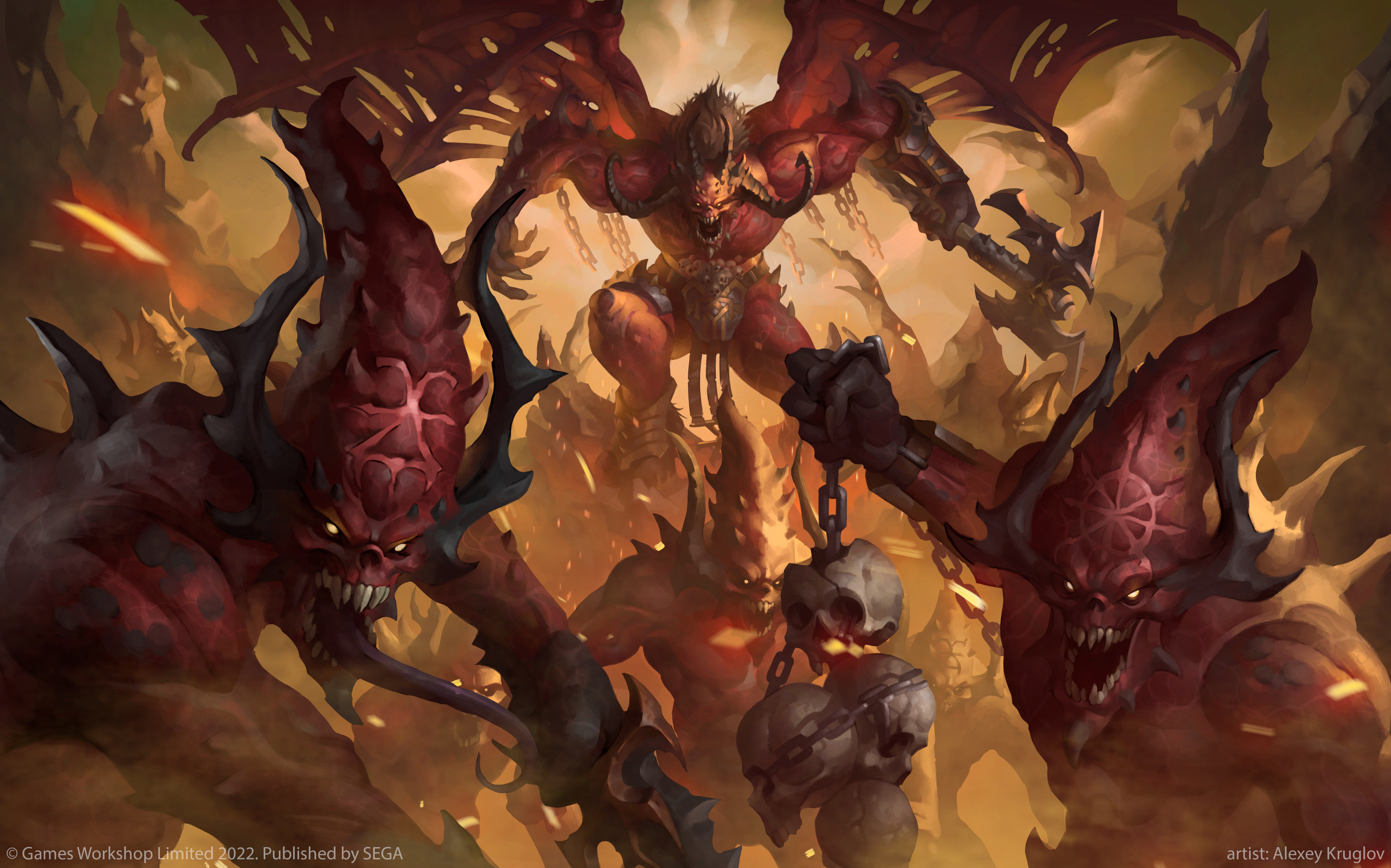 alexeykruglov, bloodthirster, skarbrand, total war, total war: warhammer, warhammer fantasy, absurdres, highres, official art, axe, battle axe, chaos (warhammer), colored tongue, demon, holding, holding axe, horns, long tongue, looking at viewer, monster, monster focus, open mouth, purple tongue, skull, tongue, very long tongue, weapon, wings