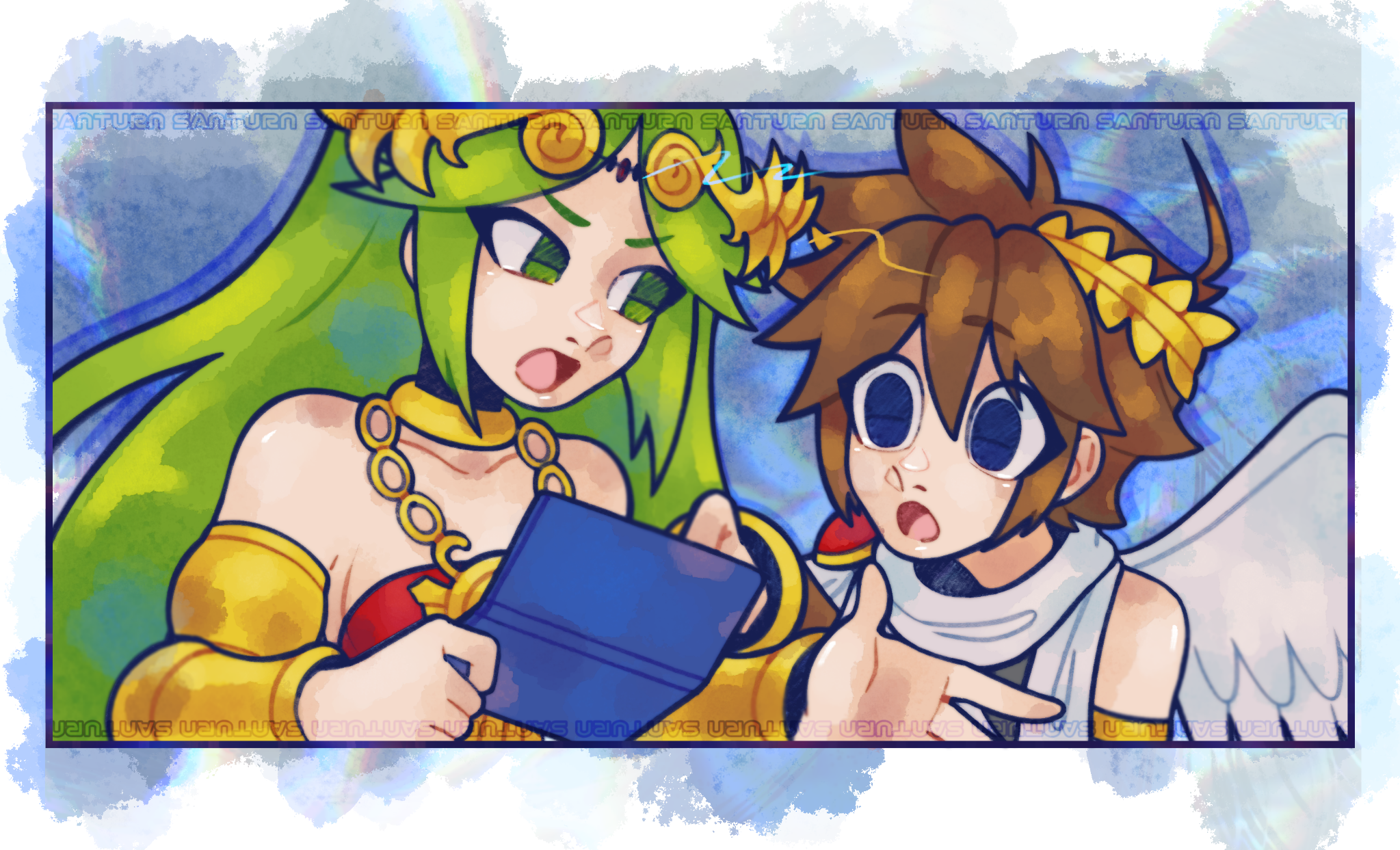 santurn, palutena, pit (kid icarus), kid icarus, kid icarus uprising, nintendo, derivative work, highres, 1boy, 1girl, ahoge, angel, angel wings, brown hair, chain, drop shadow, gold chain, green eyes, green hair, handheld game console, holding, holding handheld game console, kid icarus uprising tutorial redraw (meme), laurel crown, meme, nintendo 3ds, open mouth, scarf, upper body, watermark, white scarf, wings
