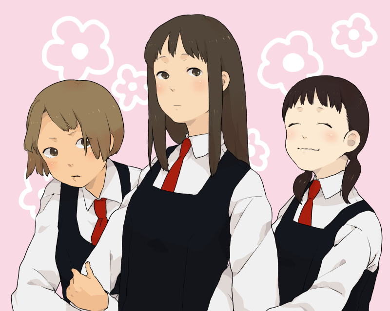 mosuko, tagme, 3girls, ^ ^, arm hug, arms at sides, blouse, brown hair, closed eyes, collared shirt, dress, frown, multiple girls, pinafore dress, pink background, school uniform, shirt, sleeveless dress, twintails, wavy mouth, white shirt