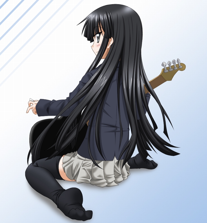 ao uribou, akiyama mio, k-on!, bad id, bad pixiv id, 00s, 1girl, bass guitar, black hair, blunt bangs, blush, feet, female focus, gradient background, hime cut, instrument, long hair, looking back, plectrum, profile, school uniform, skirt, solo, thighhighs, zettai ryouiki