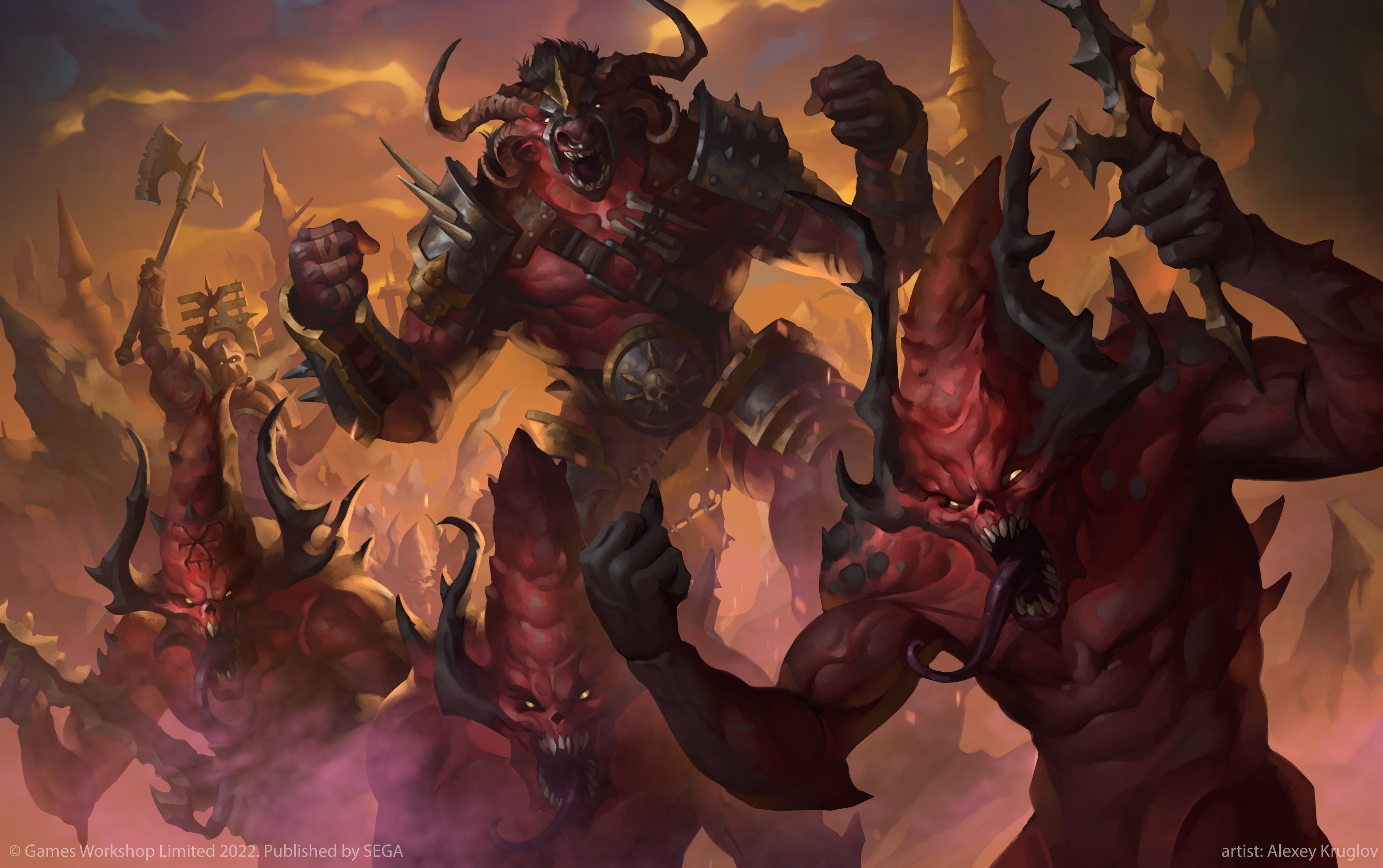 alexeykruglov, bloodthirster, total war, total war: warhammer, warhammer fantasy, absurdres, highres, official art, axe, battle axe, chaos (warhammer), colored tongue, demon, holding, holding axe, horns, long tongue, looking at viewer, monster, monster focus, open mouth, purple tongue, skull, tongue, very long tongue, warrior of chaos, weapon