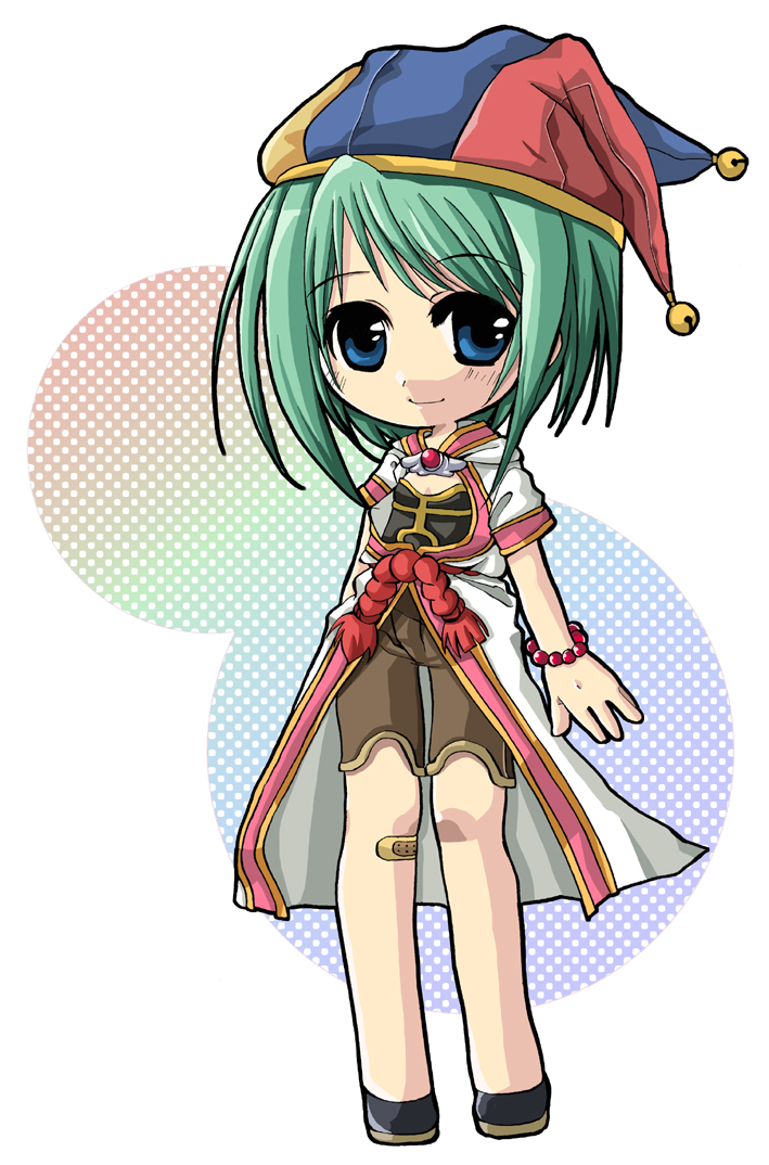 quo qunqun, monk (ragnarok online), ragnarok online, commentary request, 1girl, 2000s (style), bandaid, bandaid on knee, bandaid on leg, bead bracelet, beads, black shirt, black shoes, blue eyes, bracelet, brown shorts, closed mouth, coat, full body, green hair, hat, jester cap, jewelry, looking at viewer, open clothes, open coat, rope belt, shirt, shoes, short hair, short sleeves, shorts, smile, solo, standing, white background, white coat