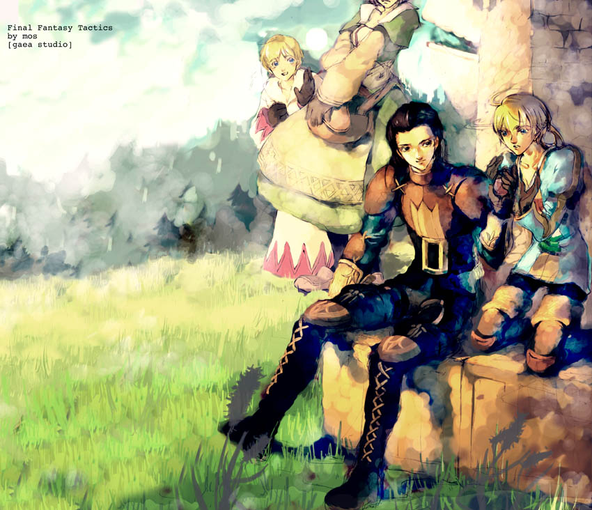 mos, chemist (fft), delita heiral, ramza beoulve, white mage (final fantasy), final fantasy, final fantasy tactics, traditional media, 2boys, 2girls, black hair, blonde hair, boots, day, field, flying, grass, knee boots, knee pads, kneeling, monster, multiple boys, multiple girls, outdoors, plant, rock, short hair