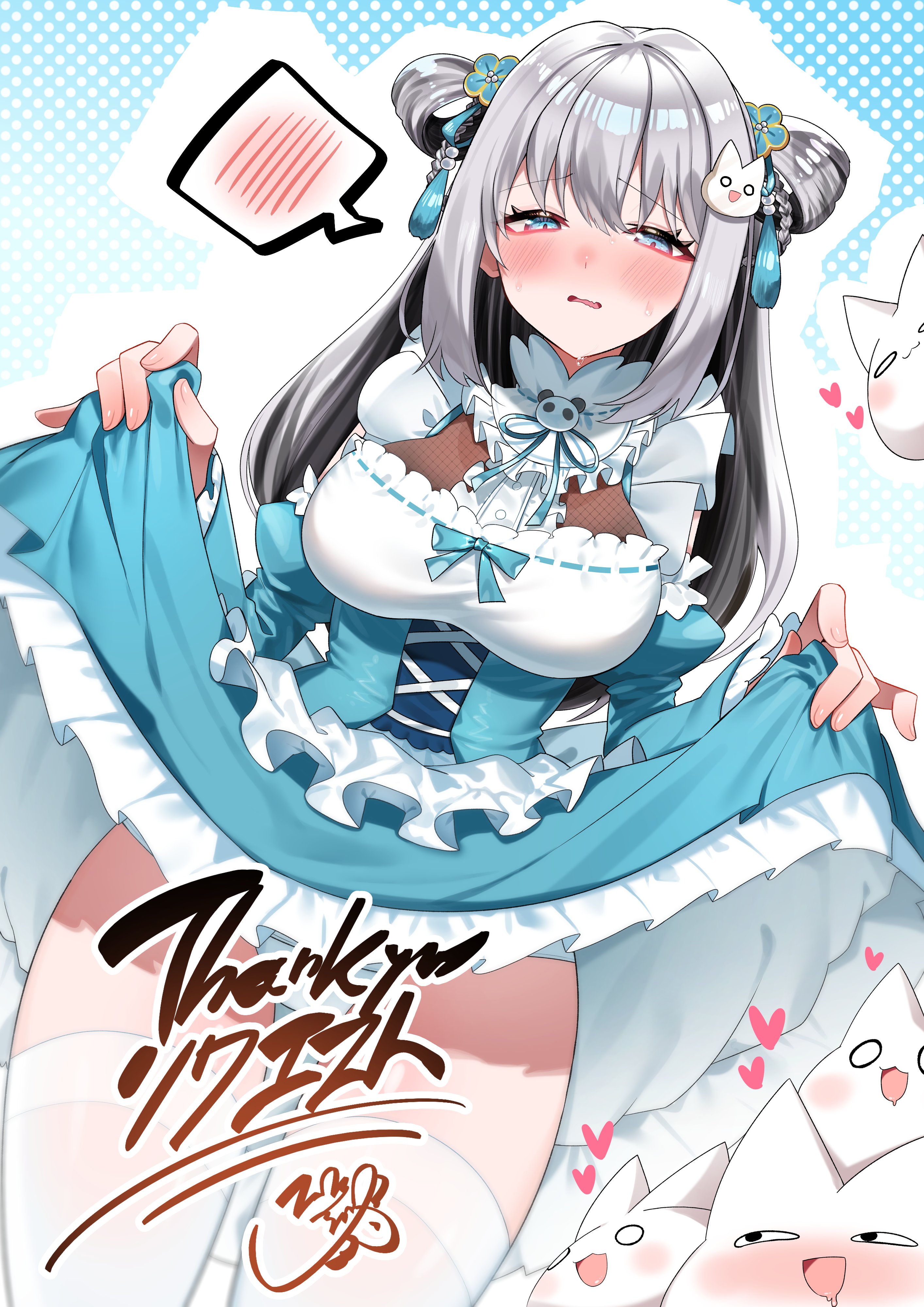 sui hi sf, nekokuma ruru, indie virtual youtuber, absurdres, commission, highres, skeb commission, 1girl, blue bow, blue eyes, blue flower, blue skirt, blue sleeves, blush, bow, braid, breasts, buttons, center frills, character hair ornament, clothes lift, drooling, flower, frills, grey hair, hair flower, hair ornament, heart, lifting own clothes, mouth drool, naughty face, open mouth, panties, pantyshot, skirt, skirt lift, spoken blush, sweat, thank you, thighhighs, underwear, white panties, white thighhighs
