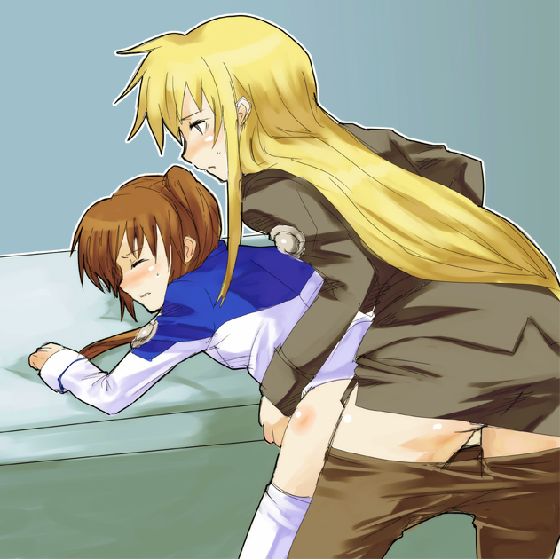bonbonbobon, fate testarossa, takamachi nanoha, lyrical nanoha, mahou shoujo lyrical nanoha, mahou shoujo lyrical nanoha strikers, brown legwear, bad id, bad pixiv id, 00s, 1futa, 1girl, bent over, blonde hair, breasts, brown hair, closed eyes, clothed sex, clothes pull, doggystyle, futa with female, futanari, implied futanari, long hair, long sleeves, military, military uniform, pantyhose, pantyhose pull, sex, sex from behind, side ponytail, small breasts, thighhighs