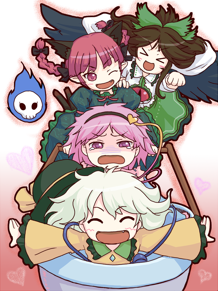 neru fia, kaenbyou rin, komeiji koishi, komeiji satori, reiuji utsuho, touhou, highres, > <, 4girls, animal ears, braid, cat ears, cat girl, closed eyes, fang, female focus, green hair, hair ribbon, hairband, heart, multiple girls, one eye closed, pink eyes, pink hair, red eyes, red hair, ribbon, skull, smile, tears, twin braids, wheelbarrow, wings, wink