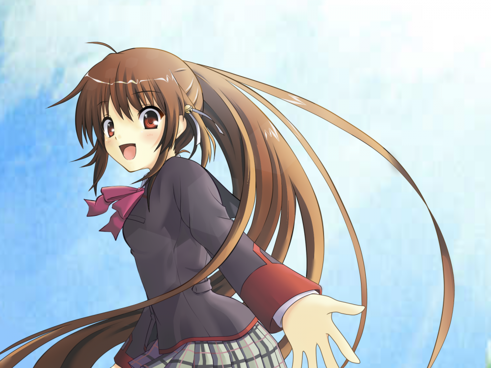 genkai madika, natsume rin, little busters!, 1girl, bow, brown hair, female focus, long hair, looking back, open mouth, outstretched arm, outstretched hand, pink bow, plaid clothes, plaid skirt, ponytail, reaching, red eyes, school uniform, skirt, smile, solo, very long hair