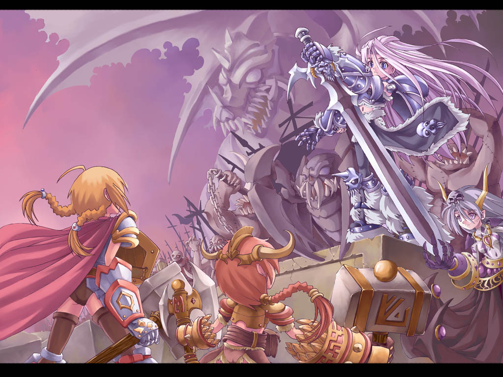 jak, death knight, mountain king, paladin (warcraft), warcraft, world of warcraft, 4girls, armor, blonde hair, dragon, flail, genderswap, genderswap (mtf), hammer, letterboxed, lich, multiple girls, sword, twintails, undead, weapon