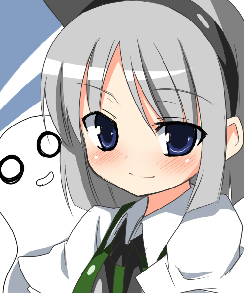 morino harifu, konpaku youmu, konpaku youmu (ghost), touhou, 1girl, blue eyes, blush, female focus, grey hair, hairband, hitodama, portrait, short hair, smile, solo