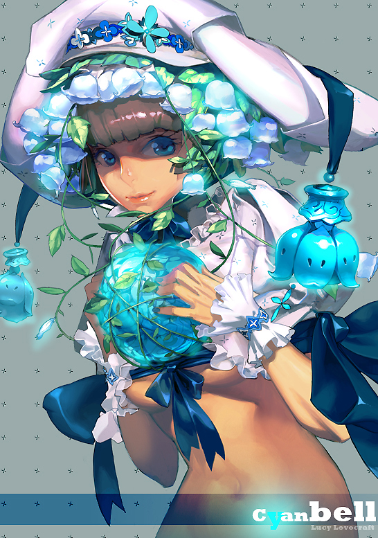 bechoco, ina (mikamixx), lucyl, original, 1girl, bell, blue eyes, bow, breasts, brown hair, female focus, flower, hat, lace, leaf, plant, ribbon, solo, underboob, vines