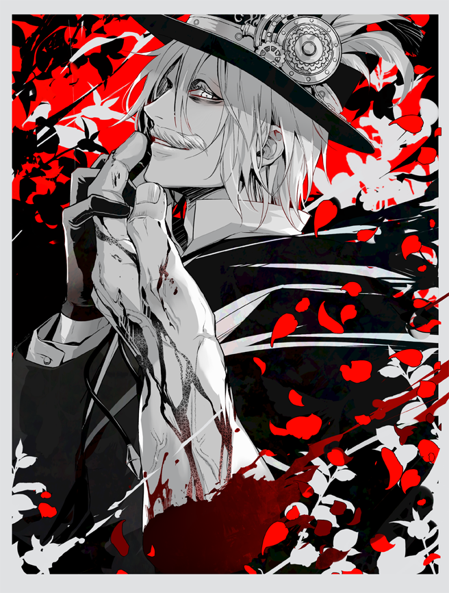 gentleman, kuramubon wa shinda yo, jack the ripper (shuumatsu no valkyrie), shuumatsu no valkyrie, 1boy, cape, disembodied hand, facial hair, gloves, hat, holding, holding limb, looking at viewer, male focus, monochrome, monocle, mustache, red eyes, short hair, smile, solo, victorian, white hair