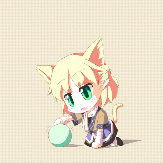 karisuwaya, mizuhashi parsee, touhou, bad id, bad pixiv id, 1girl, animal ears, ball, blonde hair, cat ears, cat girl, cat tail, chibi, fang, female focus, green eyes, half updo, short hair, solo, tail