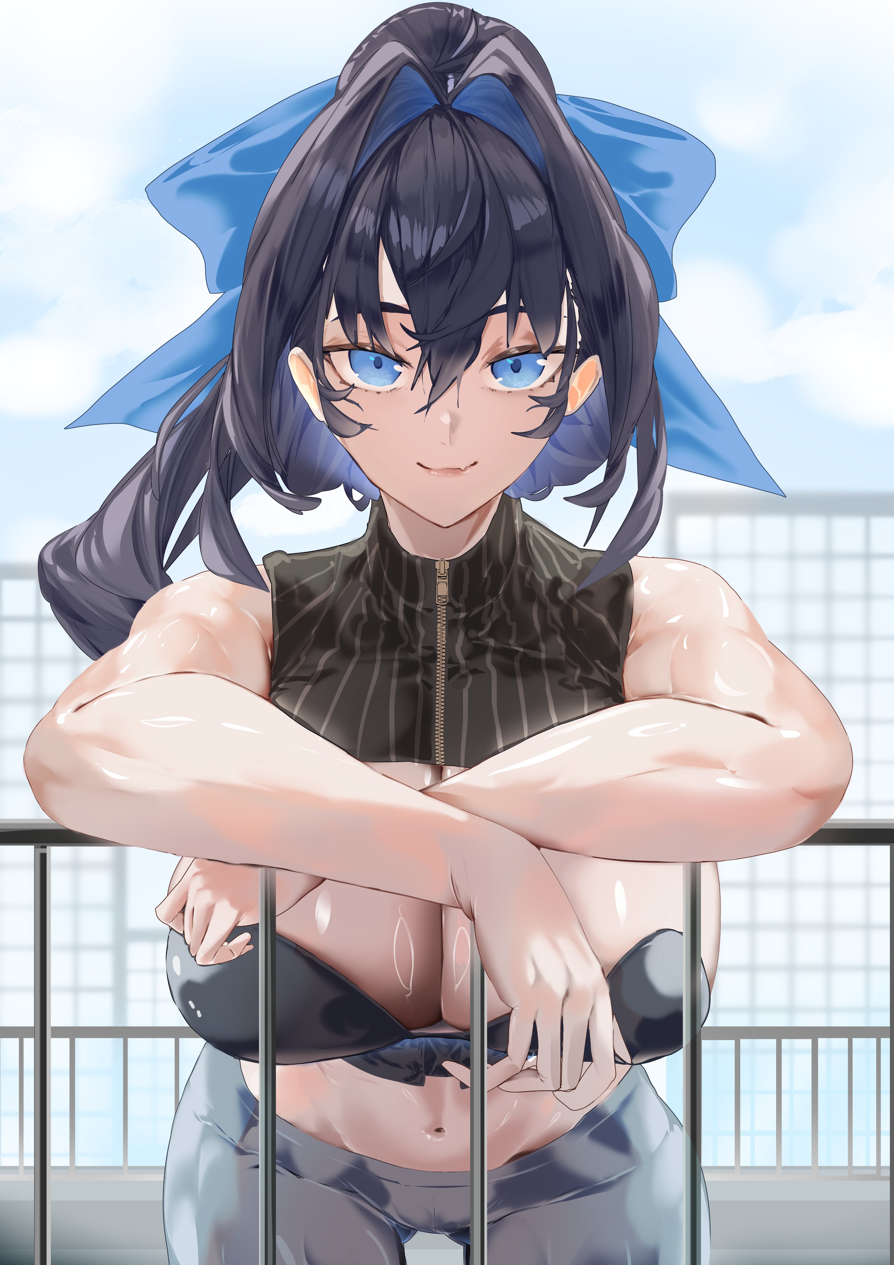 daaku (koizumi arata), ouro kronii, ouro kronii (1st costume), hololive, hololive english, absurdres, hashtag-only commentary, highres, 1girl, adapted costume, against railing, black hair, blue eyes, blue hair, blue ribbon, breasts, cleavage, closed mouth, cloud, cloudy sky, day, gradient hair, grey pants, hair intakes, hair ribbon, huge breasts, multicolored hair, navel, outdoors, pants, railing, ribbon, sky, smile, solo, virtual youtuber