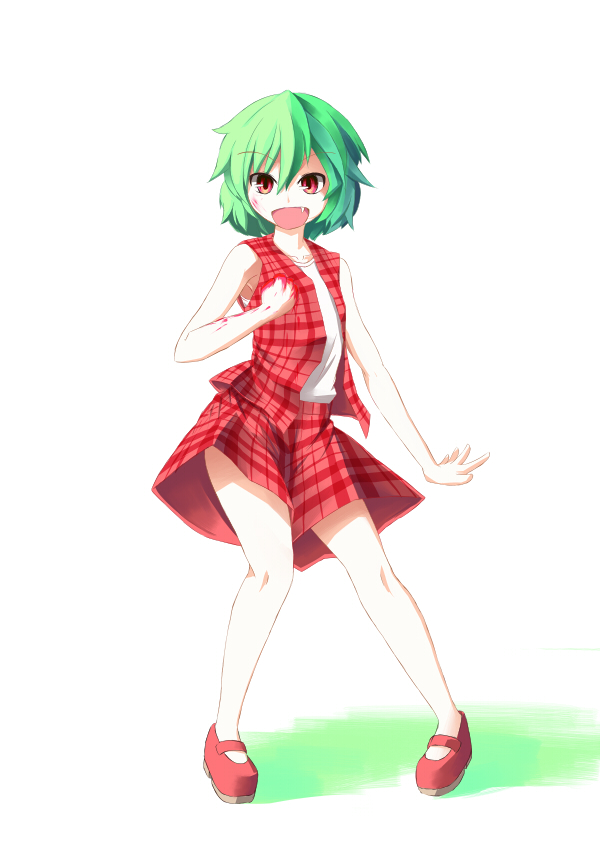 karisuwaya, kazami yuuka, touhou, bad id, bad pixiv id, 1girl, blood, fang, female focus, green hair, mary janes, plaid clothes, plaid skirt, plaid vest, shoes, skirt, skirt set, solo, vest