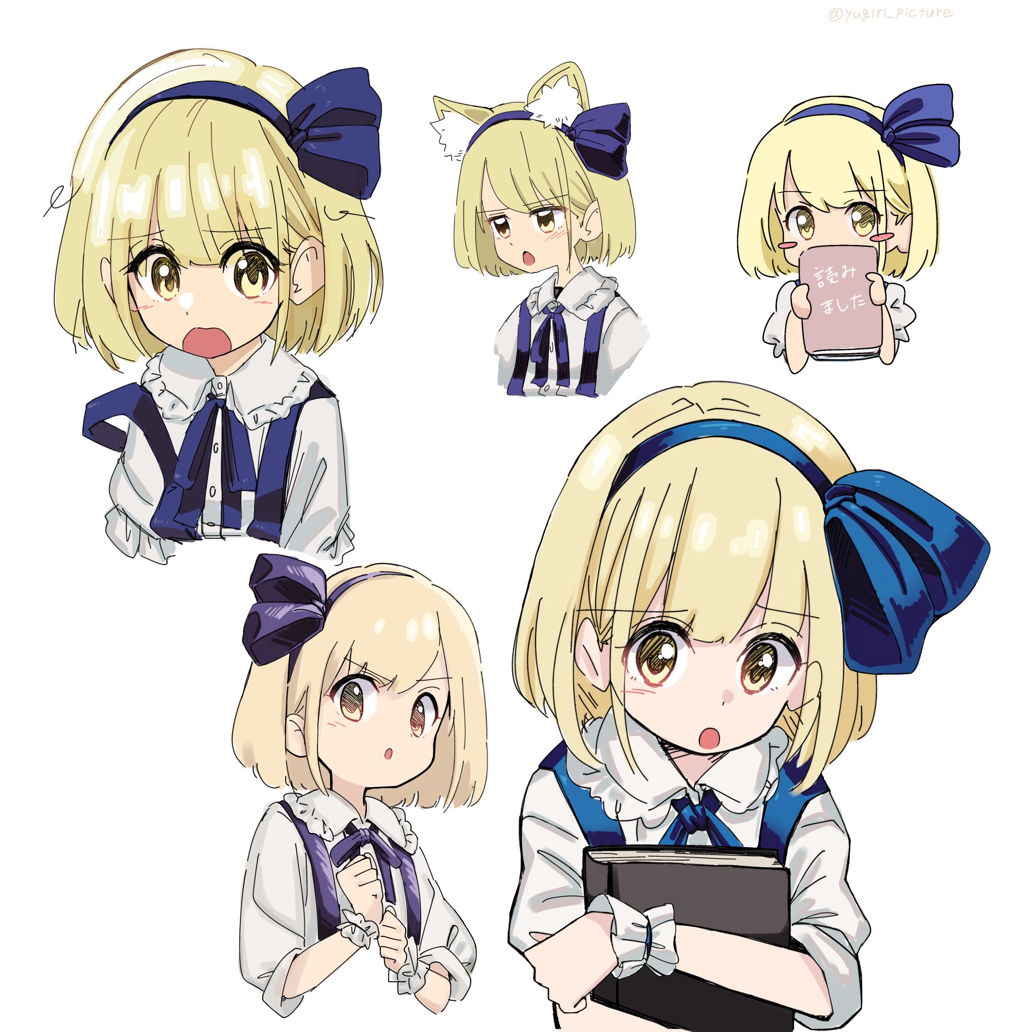 yugiri (yugiri picture), alice margatroid, alice margatroid (pc-98), touhou, touhou (pc-98), highres, 1girl, animal ears, blonde hair, blue hairband, blush, book, bow, dress, grimoire, grimoire of alice, hair bow, hair ornament, hairband, holding, holding book, multiple views, open mouth, ribbon, shirt, short hair, skirt, smile, solo, suspender skirt, suspenders, yellow eyes