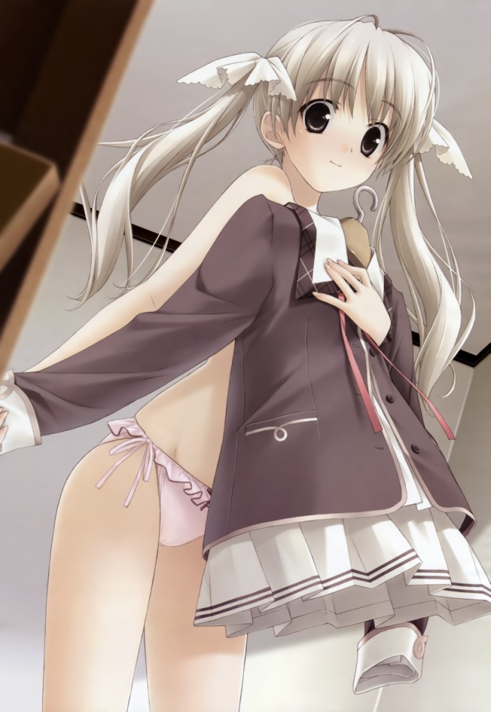 hashimoto takashi, kasugano sora, original, yosuga no sora, antenna hair, clothes in front, covering privates, hair ribbon, panties, ribbon, school uniform, side-tie panties, solo, twintails, underwear, white hair